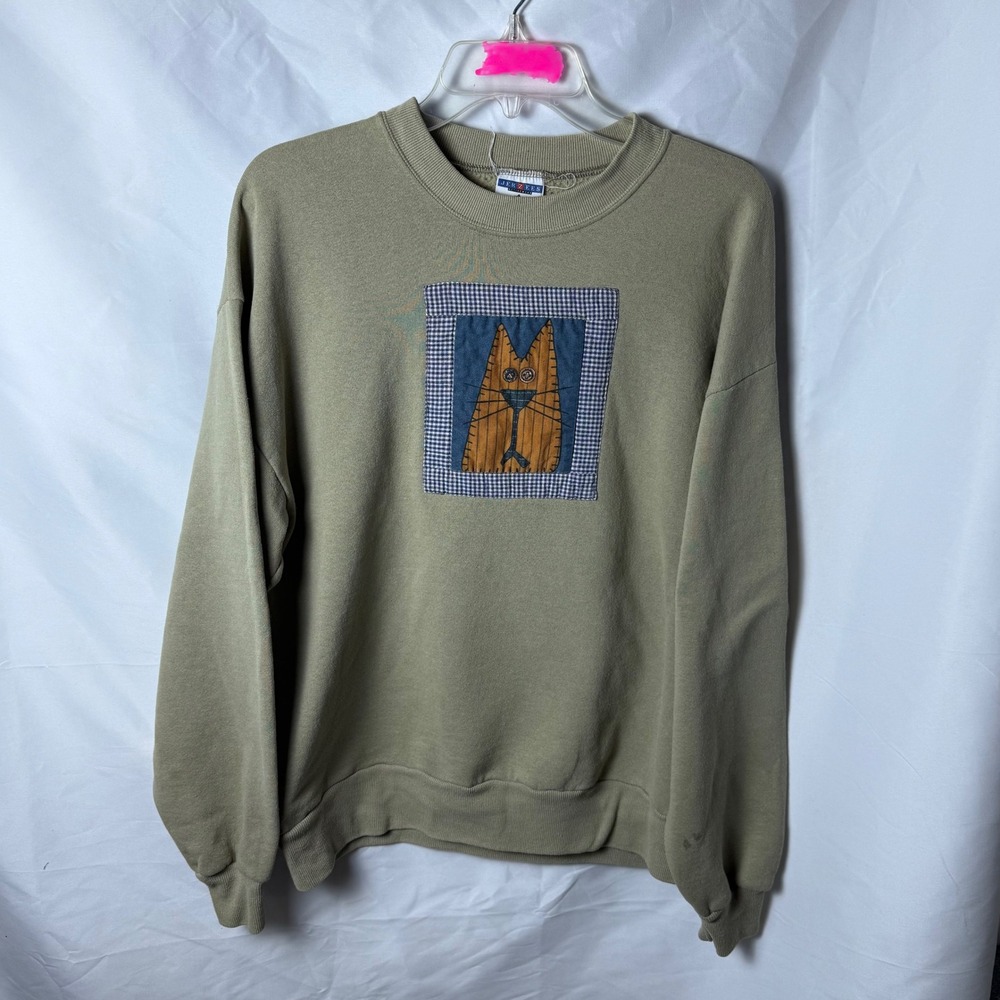 Vintage Jerzees Funky Cat‎ Applique Sweatshirt Khaki Crewneck Casual Pullover